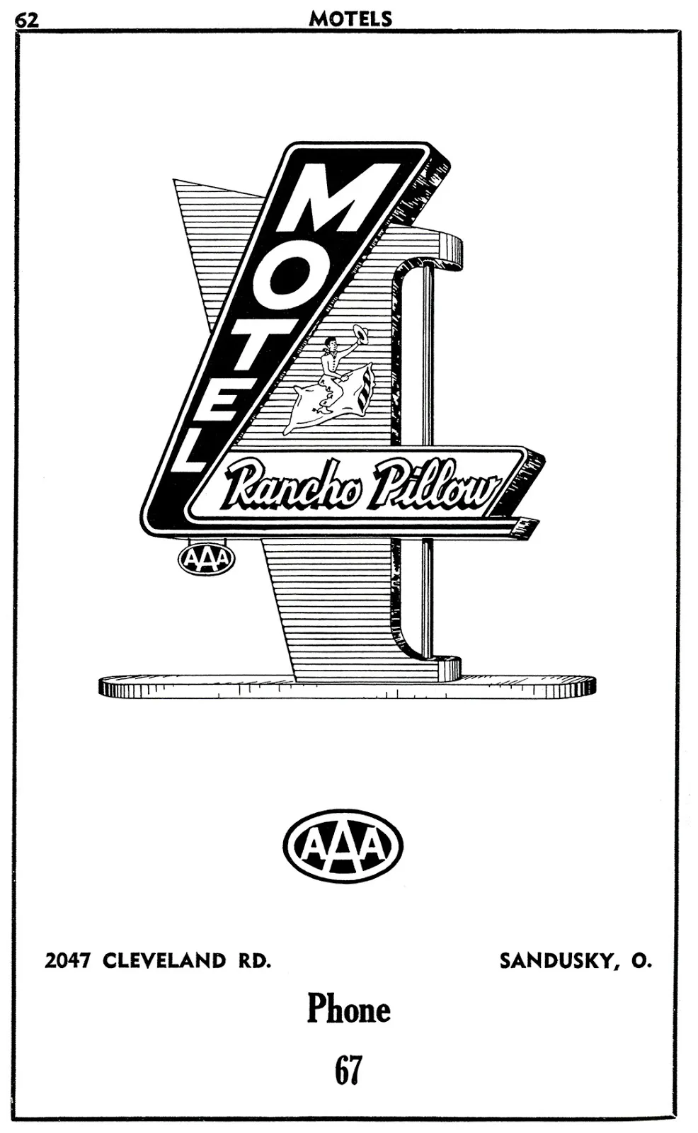 Rancho Pillow Motel 1955 advertisement featuring the original cowboy-on-pillow logo