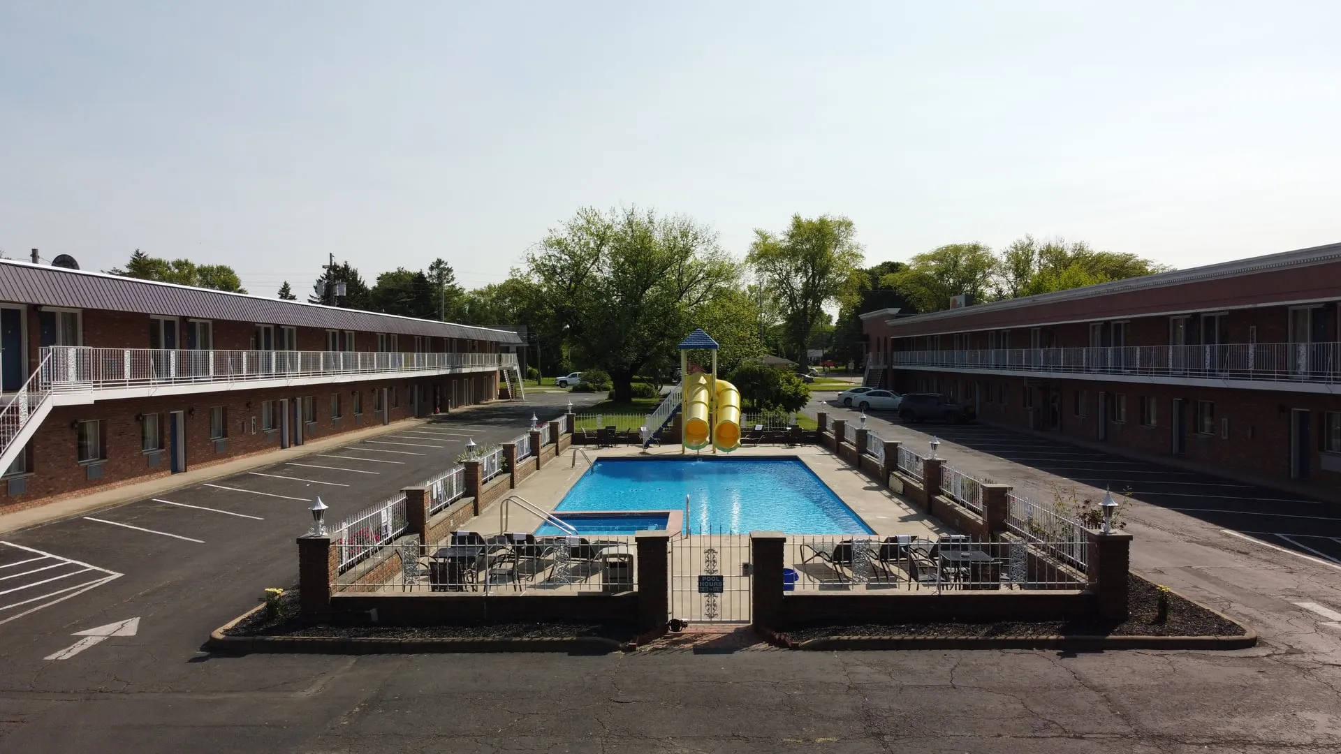 South Shore Inn pool and property aerial view